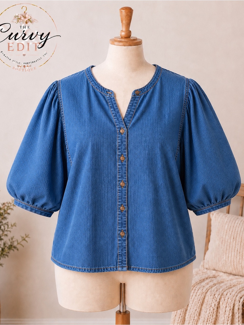 Old Navy 3X Chambray Denim Balloon Sleeve Button Front Top Beachy Coastal casual